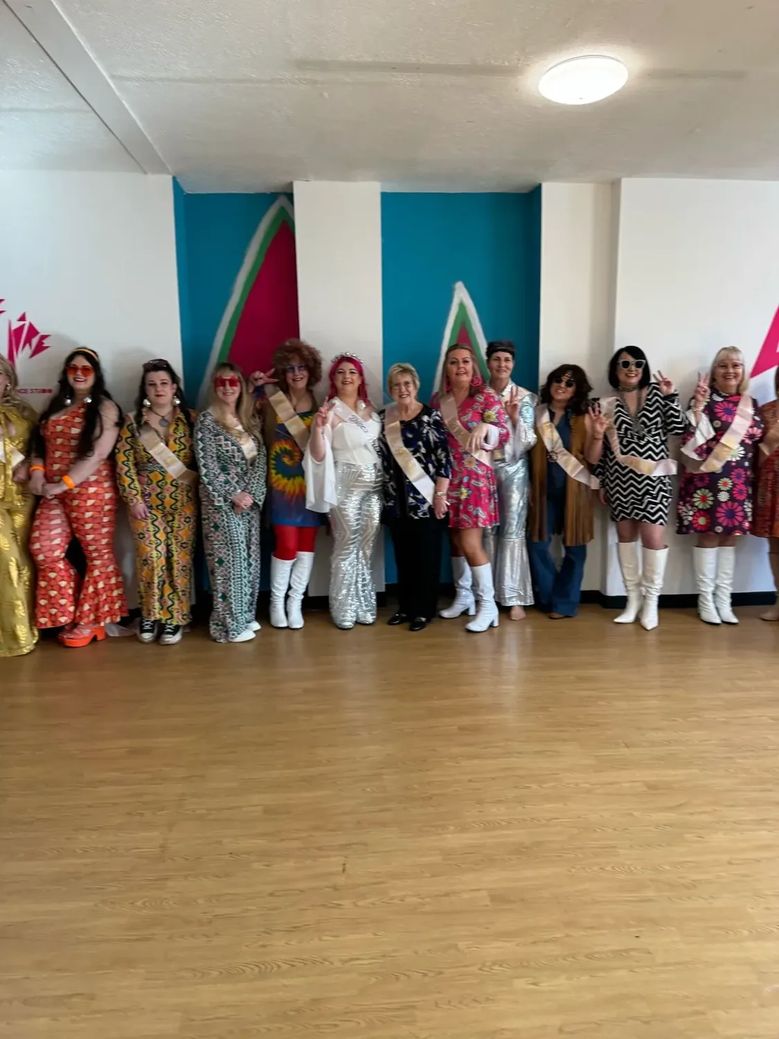 ABBA hen party dance class in Bournemouth group mid-routine
