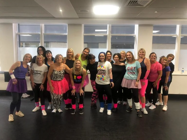 Flashdance hen party dance class Bournemouth group rehearsing